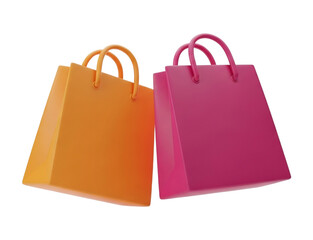 Two shopping bags in orange and pink isolated on transparent background, representing retail therapy and consumerism