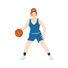 Woman basketball player in blue sports uniform, dribbling the ball on court. Flat vector illustration isolated on white background