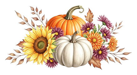 Watercolor autumn composition with pumpkins, sunflower, chrysanthemum, leaves isolated on transparent background