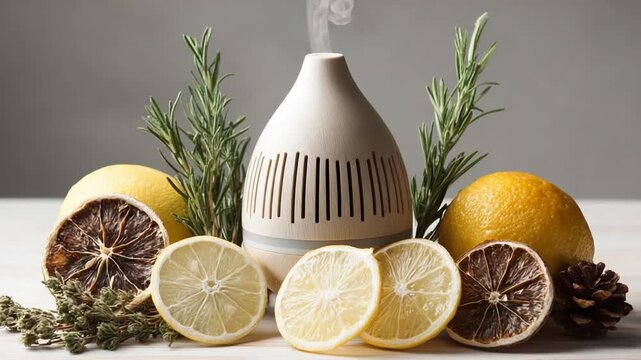 Aromatic Haven: A sleek diffuser gently releases fragrant steam, surrounded by fresh lemons and fragrant herbs, creating an atmosphere of relaxation and well-being.