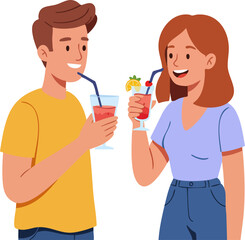 Flat Illustration Couple Clinking Cocktail Glass Celebrating Vacation on Summer