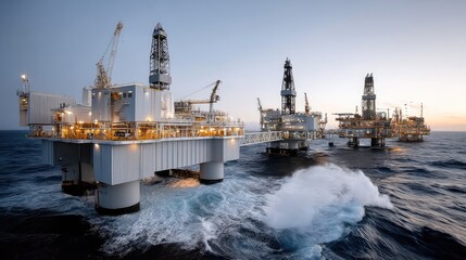 Fototapeta premium Three large offshore structures rise from the ocean, showcasing the complex design and technology used in energy extraction at sea
