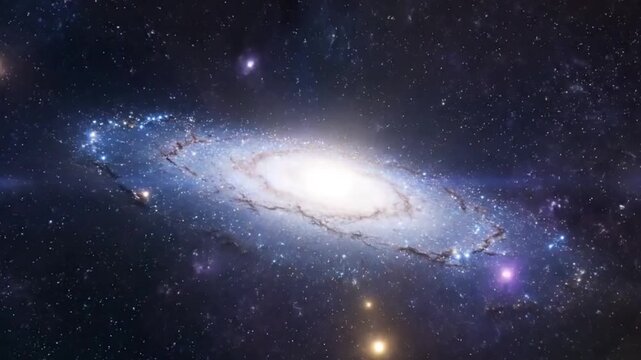 An ultra-realistic 8K cinematic sequence of a camera flying into a vast spiral galaxy. The scene begins with a distant view of the galaxy shimmering against the deep blackness of space, stars