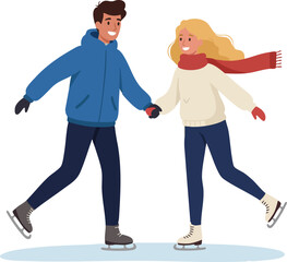 Fototapeta premium Cartoon Flat Illustration Couple Ice Skating Winter Holiday Season Activity