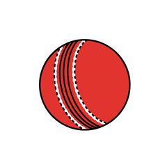 Red cricket ball with visible stitching and circular shape.