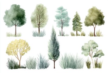 Collection of watercolor trees and grasses in various shapes and shades