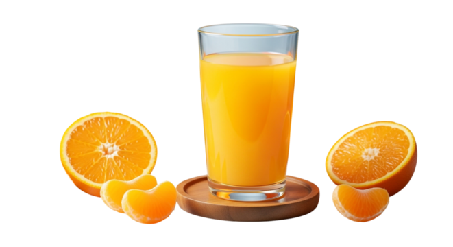 Freshly squeezed orange juice in glass isolated on transparent background, a vibrant and healthy beverage for any time of day