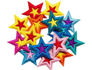 A vibrant assortment of star shaped patches isolated on transparent background, ideal for adding a playful touch to any project