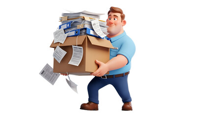 3d icon of cartoon man carrying a heavy box full of documents isolated on transparent background, representing workload