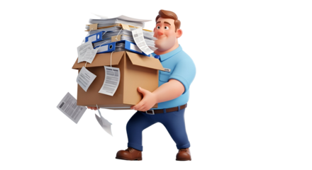 3d icon of cartoon man carrying a heavy box full of documents isolated on transparent background, representing workload
