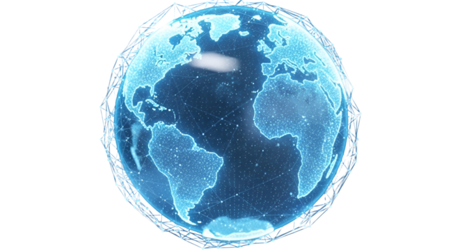3d icon of digital earth globe with glowing connections isolated on transparent background, representing global network