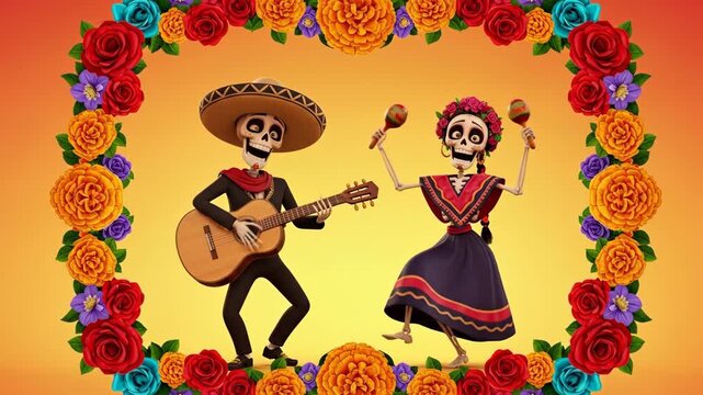 Day of the Dead Skeletons with Guitar and Maracas - A vibrant illustration of a male skeleton playing a guitar and a female skeleton dancing with maracas, both in traditional Mexican attire, framed