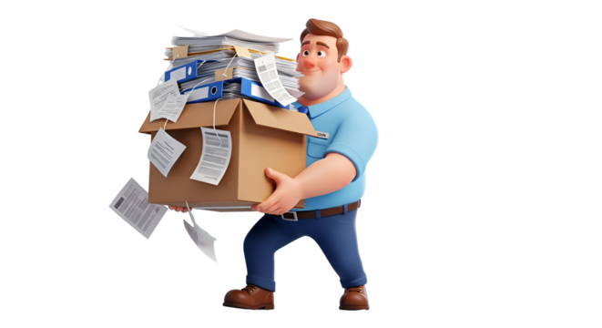 3d icon of cartoon man carrying a heavy box full of documents isolated on transparent background, representing workload