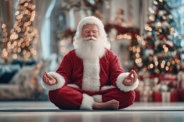 Santa claus finding peace and inner balance, practicing yoga in a festive setting