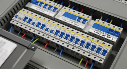 Highangle view of organized breaker panel showing newly applied colorcoded labels and tightened terminals for better system management.
