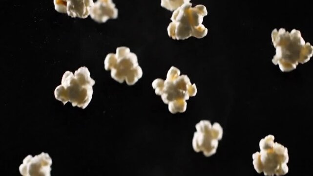An ultra-realistic 8K super slow-motion cinematic shot of freshly popped popcorn kernels suspended midair against a deep black background, filmed at 1000fps. Each kernel rotates gracefully,