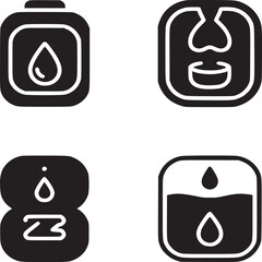 Four black and white icons featuring water droplets and abstract shapes on a white background