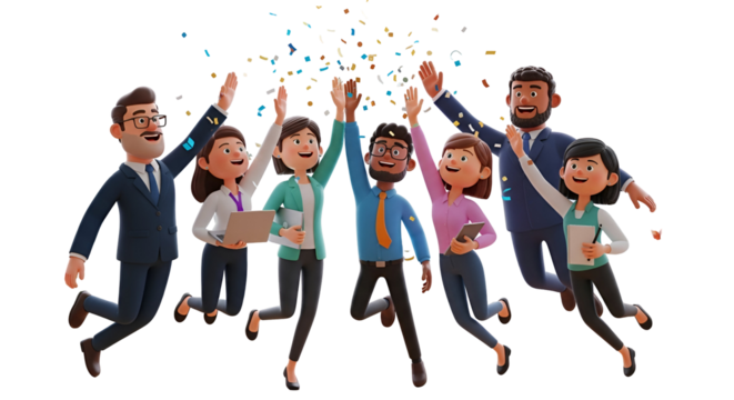 3d icon of group of diverse business people celebrating success isolated on transparent background teamwork and achievement