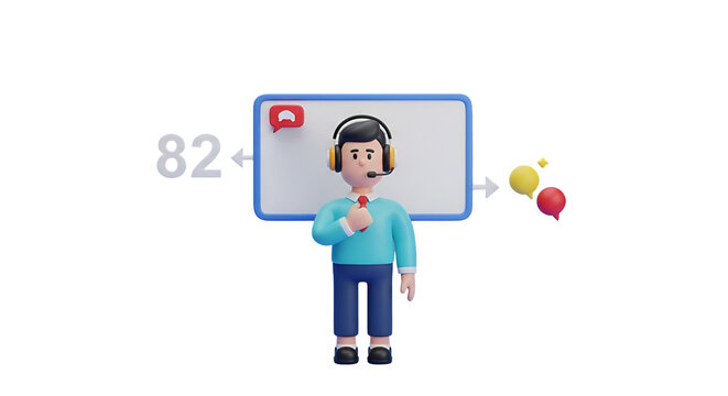 3d icon of cartoon man with headset presenting isolated on transparent background 3d rendering of a male character with microphone