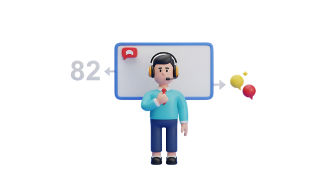 3d icon of cartoon man with headset presenting isolated on transparent background 3d rendering of a male character with microphone - Powered by Adobe