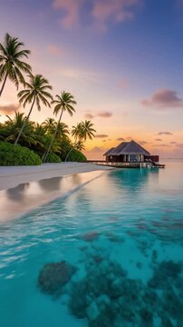 An idyllic tropical scene unfolds at dawn or dusk, featuring a luxurious overwater bungalow nestled on stilts above crystal-clear turquoise waters. Lush green palm trees line a pristine white sand bea