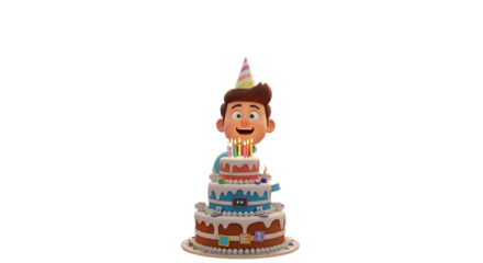 3d icon of birthday cake with cartoon character isolated on transparent background, candles lit and ready to celebrate