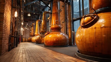 Copper whiskey stills inside distillery