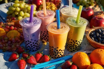Colorful bubble tea drinks with fresh fruits and berries on vibrant outdoor table