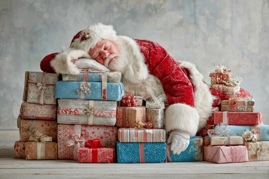 Santa claus sleeping tiredly on a stack of festive christmas presents and gifts - Powered by Adobe