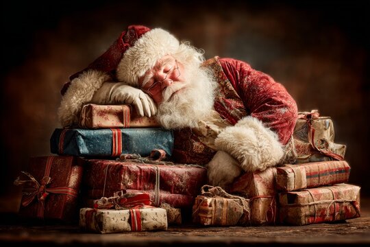 Santa claus rests his head on old wrapped gifts, exhausted after delivering presents