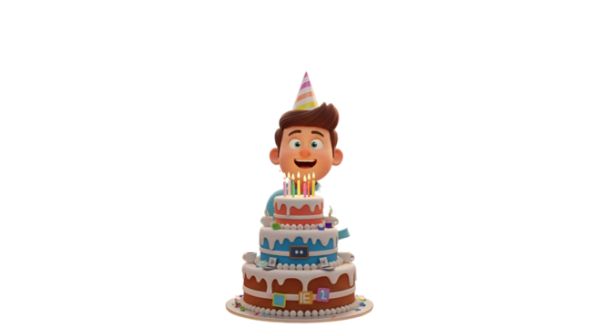 3d icon of birthday cake with cartoon character isolated on transparent background, candles lit and ready to celebrate
