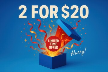 Exciting 2 FOR $20 limited time offer banner with vibrant colors and playful confetti style, urgent retail discount promo.