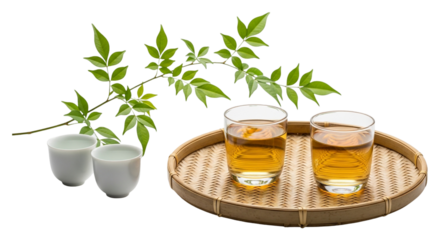 Two glasses of tea and two cups on a tray with a green branch, isolated on transparent background, serene and inviting