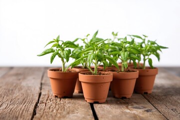 Fototapeta premium Fresh green tomato sprouts in biodegradable containers on a rustic wooden surface, seedling transplantation, thinning out