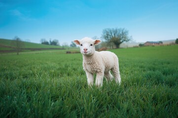 Obraz premium Juvenile sheep grazing in a lush meadow