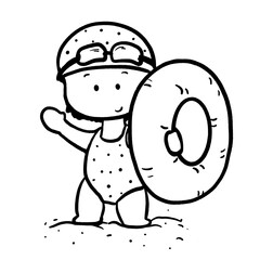 Cute girl holding swimming ring standing on sand cartoon outline illustration