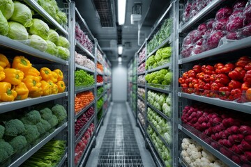 Various colorful vegetables neatly arranged on shelves in a commercial refrigerator