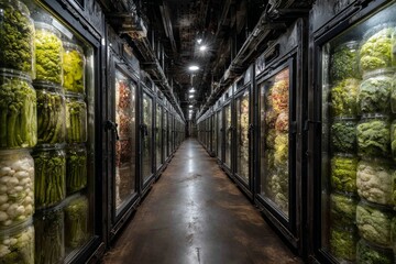 Fototapeta premium Long corridor with numerous glass-fronted refrigerators storing various pickled vegetables in jars