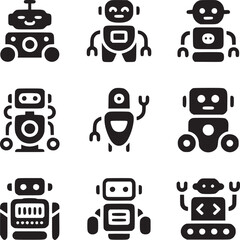A collection of nine different robot icons in a grid pattern against a white background design set