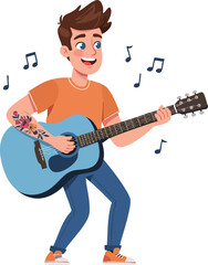 Cheerful Cartoon Illustration of a Man Playing an Acoustic Guitar