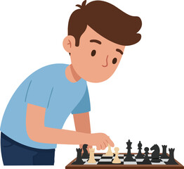 Cartoon Style Concentrated Boy Playing Chess Game Board Illustration
