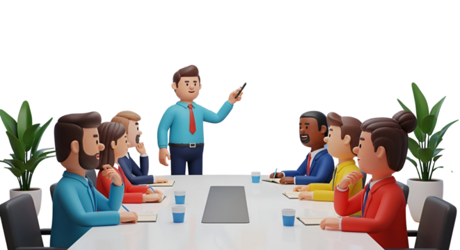 3d icon of business meeting with diverse team in conference room isolated on transparent background