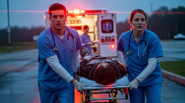 Man and woman paramedics transport a patient on a stretcher to an ambulance, emergency medical service footage