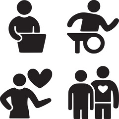 A collection of four black and white icons depicting people and relationships in simple representations