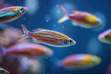 Colorful Small Fish Swimming in Clear Blue Water with Bright Patterns and Details