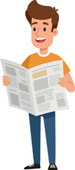 Cartoon Style Full Body Man Reading Newspaper Illustration with Happy Expression