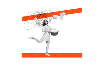 Photo collage artwork minimal picture of carefree lady enjoying doing laundry isolated graphical background