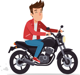 Flat Design Happy Young Man Riding Motorcycle Transportation Illustration