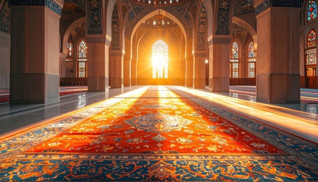 Majestic interior of a grand mosque with sunlight streaming through ornate stained glass windows