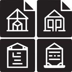 Four black and white icons depicting different house designs on pages with folded corner details